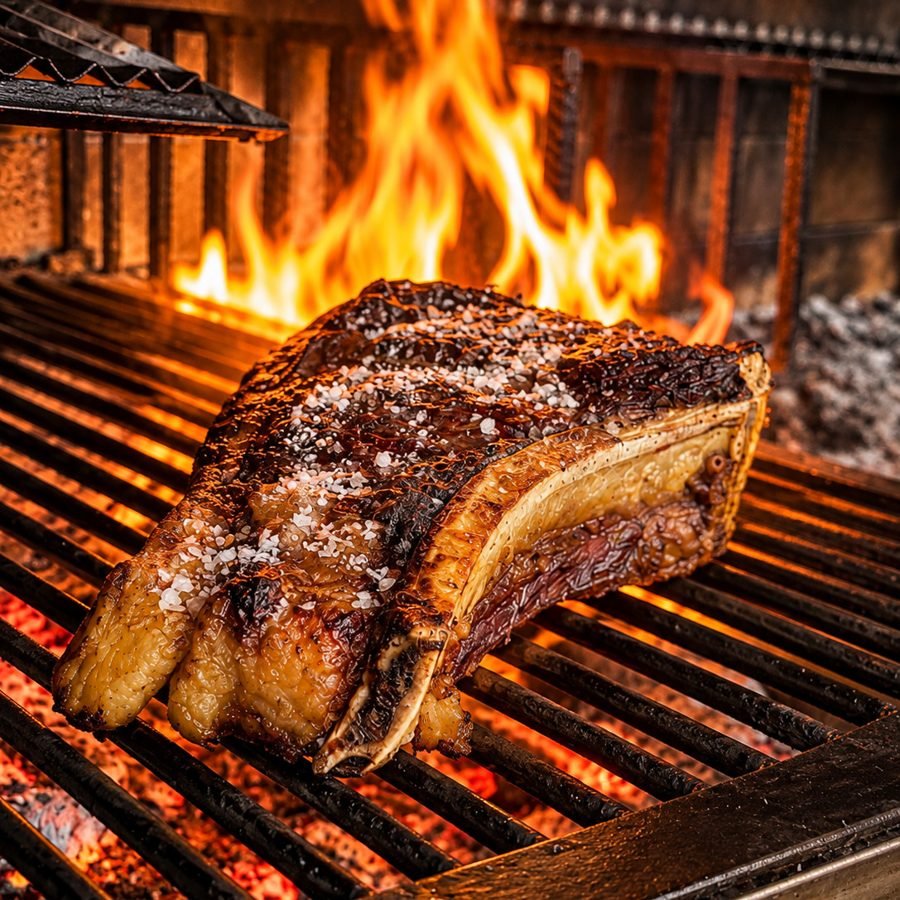 Chuletón madurado sobre la parrilla de carbón