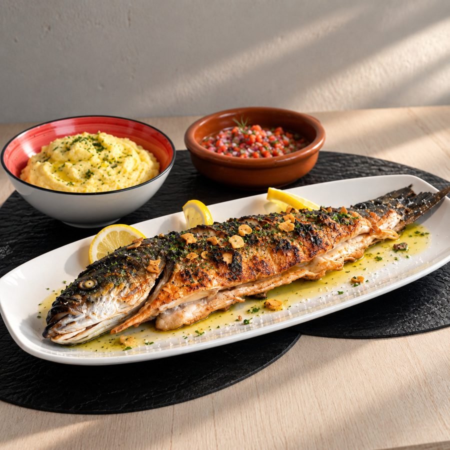 Lubina salvaje a la brasa con pico de gallo y puré de patata